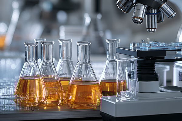 Beakers filled with orange liquid in a lab setting.