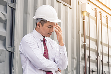 A frustrated business man wearing a hard hat.