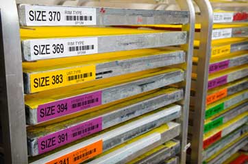 Labeled storage racks with size indicators.