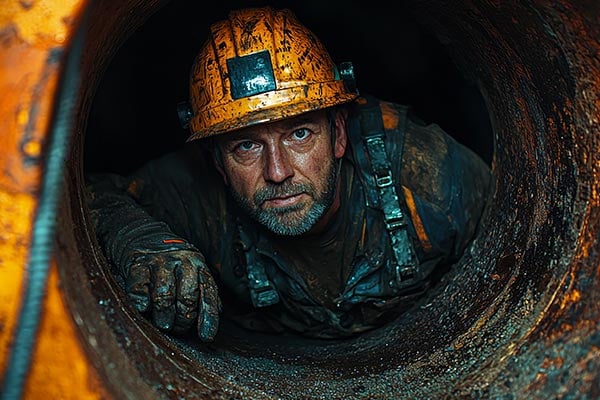 A worker in a hardhat in a confined space. 