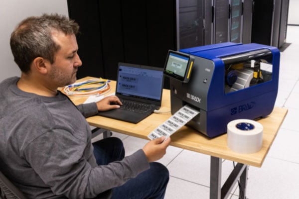 A man uses the Brady i7500 label printer to print off custom server rack labels.
