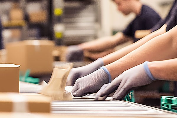 Gloved workers inspect packages in a conveyor belt.