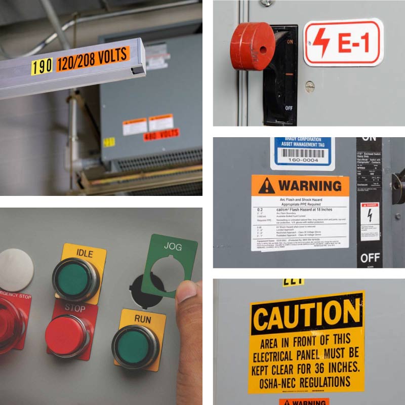 An assortment of electrical warning labels. 