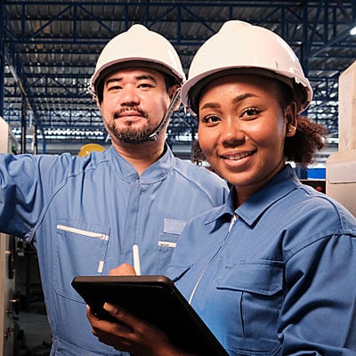 Two maintenance workers conducting a safety inspection.