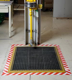 A standardized floor marking color system around a floor grate.