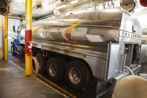 Milk truck in a processing facility.