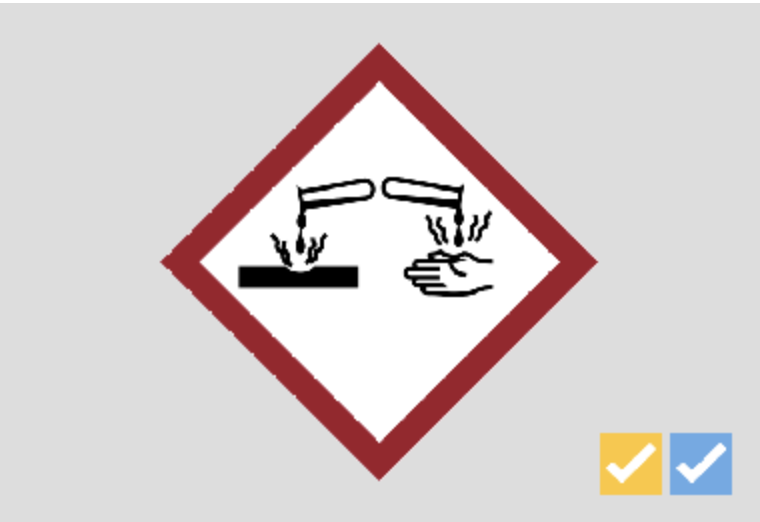 GHS corrosive hazard pictogram with indicators for chemical / physical and health risks.