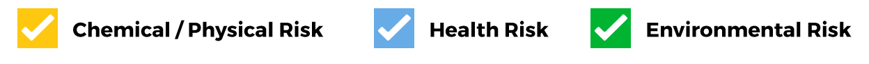 A yellow checkmark meaning chemical / physical risk. A blue checkmark meaning health risk. A green checkmark meaning environmental risk.
