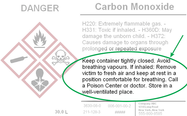 Precautionary statement on a carbon monoxide hazard label.