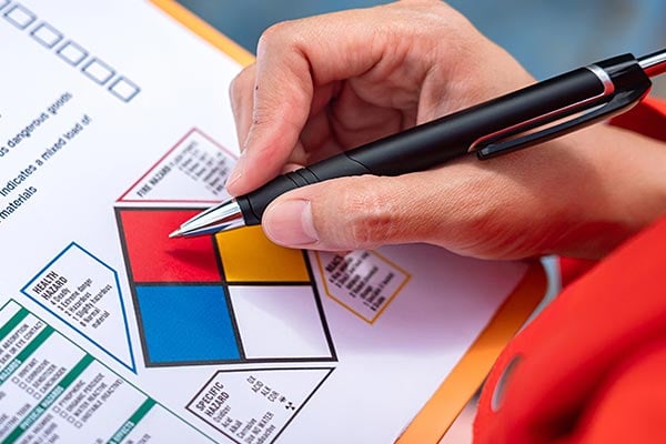 Hands holding a pen, reviewing GHS precautionary diagram.