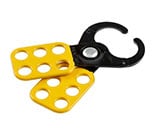 Closeup of a yellow Brady T218 Lockout Hasp.