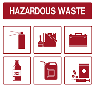 Hazardous waste header and representations of six types of hazardous waste.