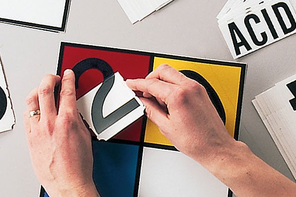 Applying numbers to a HMIS color-coded identification sign.