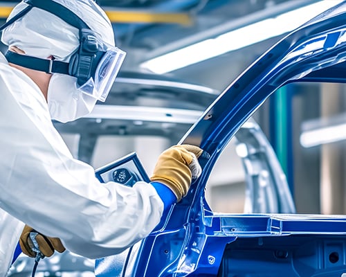 A man in PPE works on a blue car in a factory.