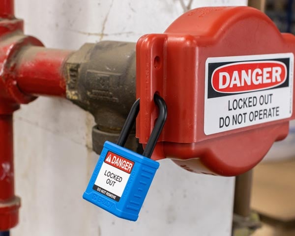 A blue Brady velocity lockout padlock assists in locking out a valve.