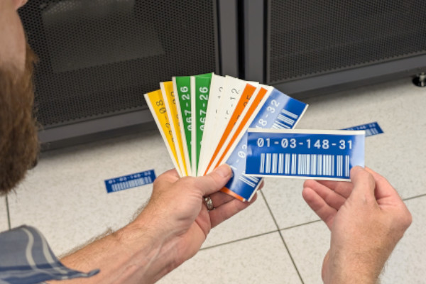 Person holding color-coded labels with bar codes to clearly identify server racks.