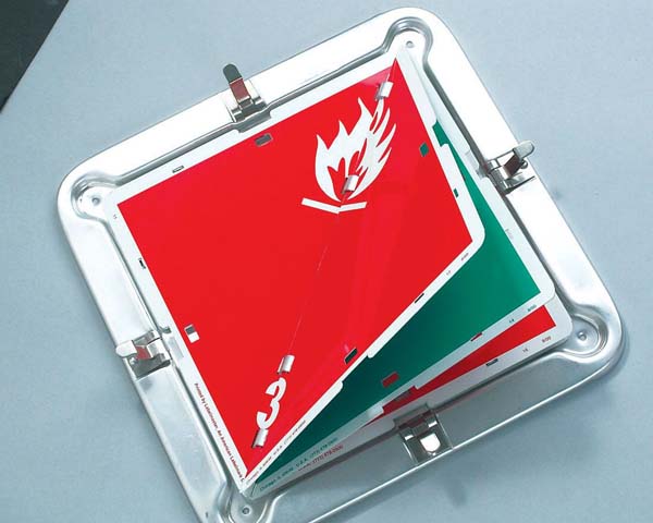 Brady flip-style warning placard. 