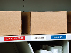 Two cardboard boxes on a shelf, with labels on shelf underneath. 