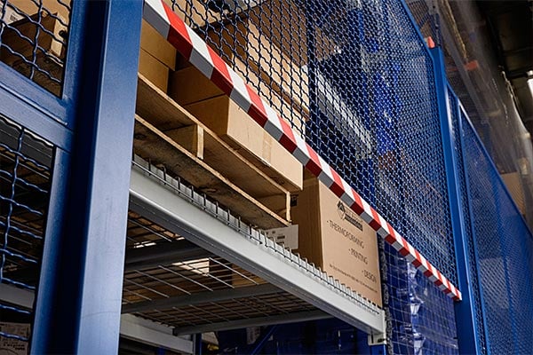 An organized industrial shelving area. 