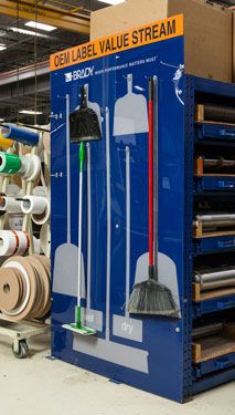 A shadowboard compressor holding brooms and tools.