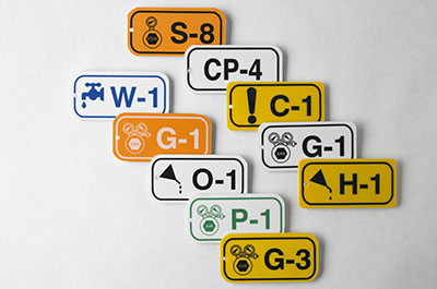 Collection of rectangular signs with letters, numbers and pictograms.