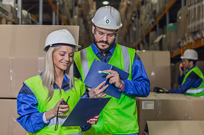 Two workers in hardhats review procedures in a warehouse.