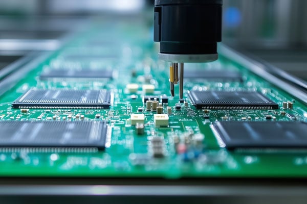 Closeup of a printed circuit board and microchips being created.
