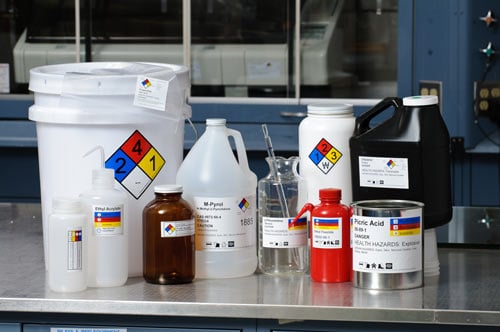 A group of containers with chemical warning labels.