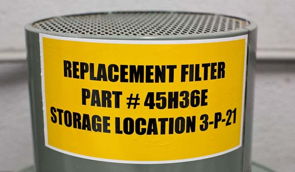 Filter with yellow label reading its part number and location.