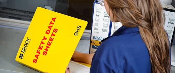 A worker reviews yellow binder of Brady safety data sheets.