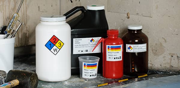 A collection of containers with hazard labels. 