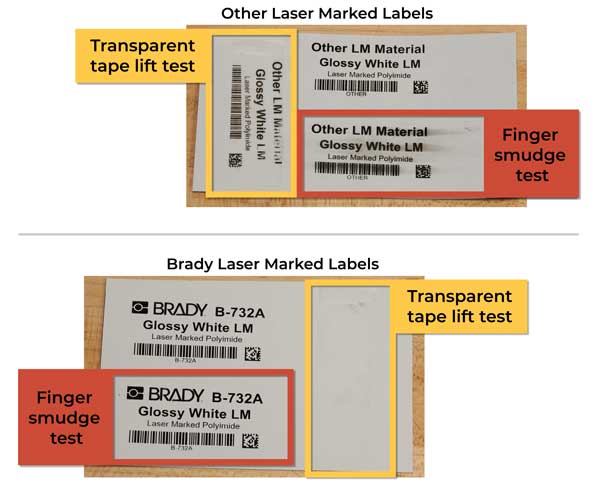 Comparison of Brady laser-marked labels with others showing durability differences.