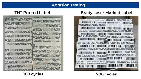 Durability comparison of thermal transfer labels and Brady laser labels.