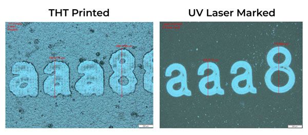 Side-by-side comparison of thermal transfer engraving to UV laser.