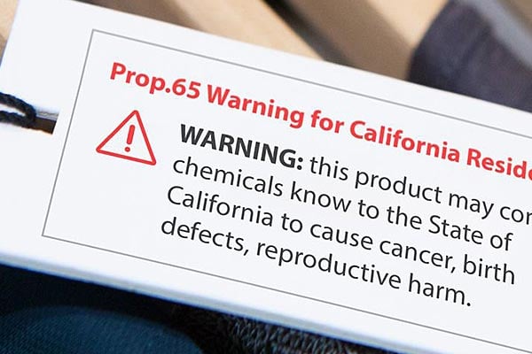Closeup of Proposition 65 warning label for California residents.