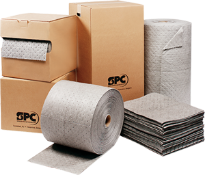 Absorbent pads and rolls pictured with cardboard boxes.