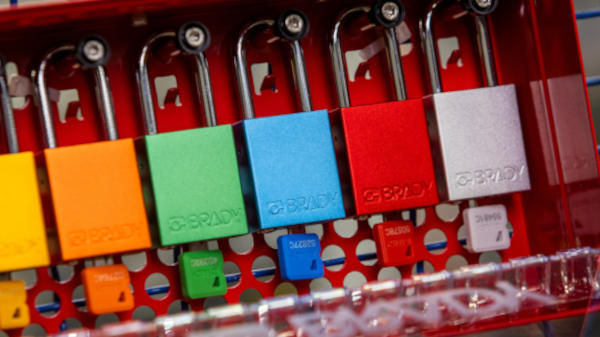 Brady Velocity lockout padlocks in a variety of colors.