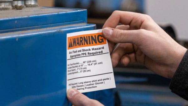 Employee applying an arc flash warning label to an electrical panel. 