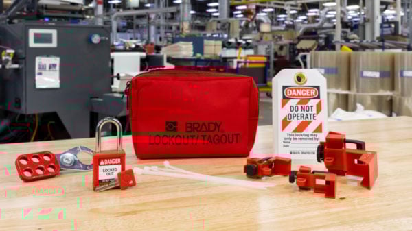 Brady lockout tagout kit in a manufacturing setting.