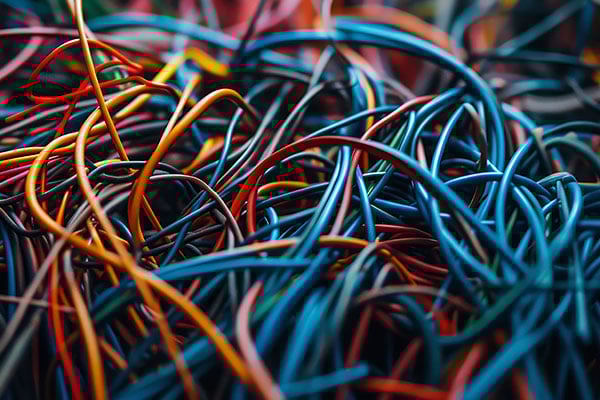 A large collection of colorful, entangled electrical wires.