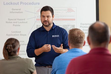 Instructor performs LOTO training in front of a class.