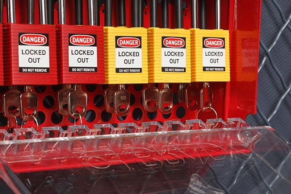 Closeup of a red Brady LOTO box.