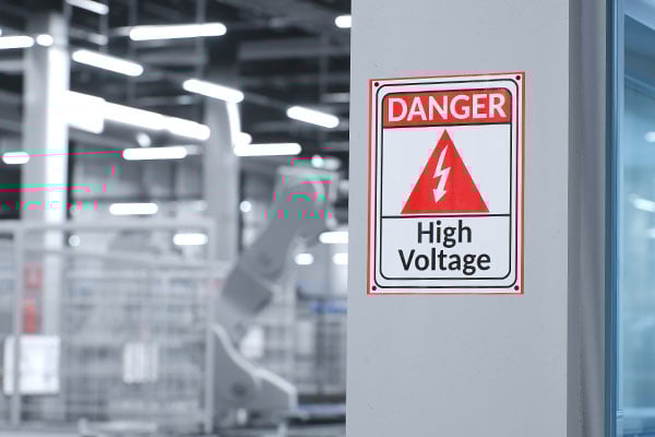 Industrial setting with an electrical &quot;danger high voltage&quot; warning sign.