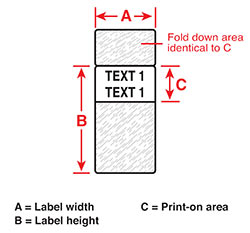 Rotating vinyl wire label with dimensions. A is width, B is total height, and C is printable height.