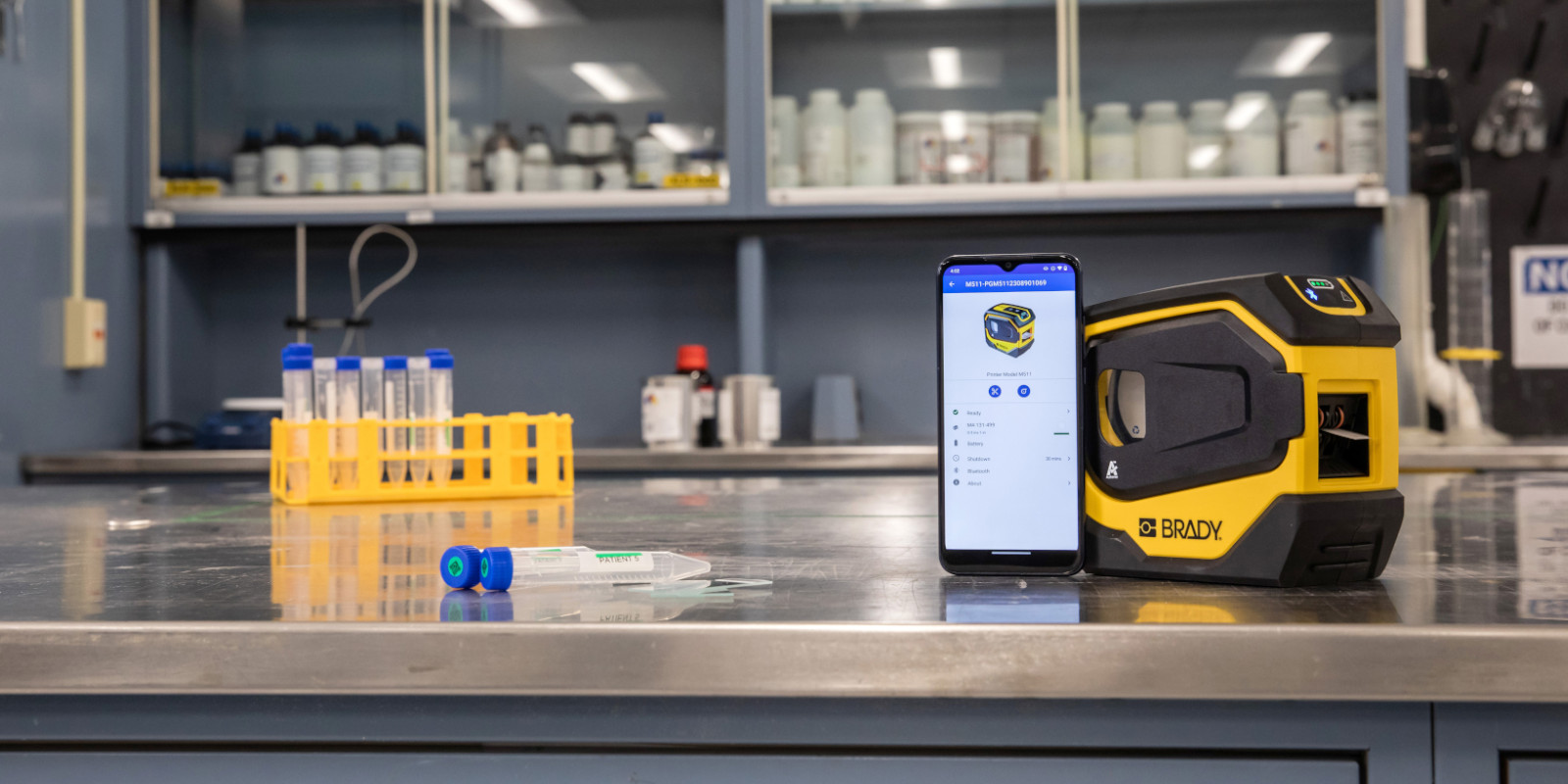 A Brady M511 Bluetooth printer in a laboratory. 