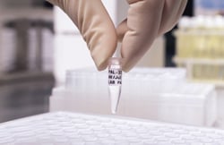 A gloved hand picking a vial from a box.
