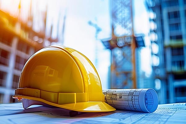 Closeup of a hardhat and blueprints at a construction site,