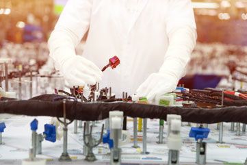 Person in clean room suit inspecting industrial equipment.