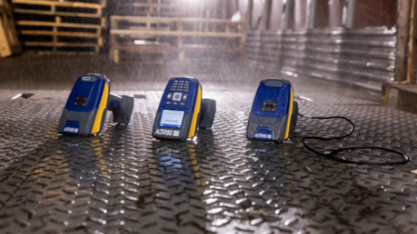 Lineup of Brady Industrial Barcode Scanners on a factory floor.