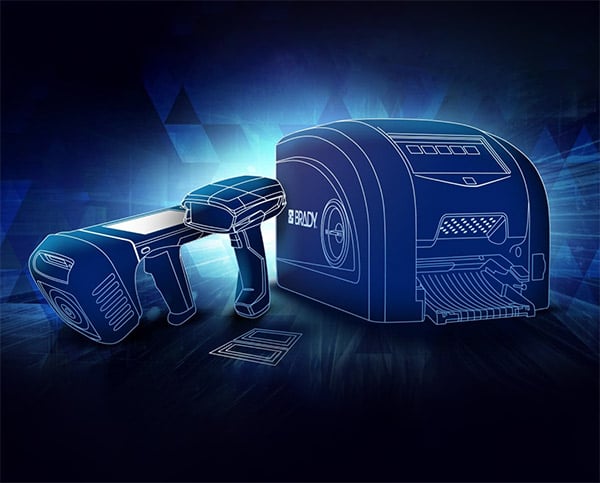 A futuristic, glowing image of a scanner and a label printer. 